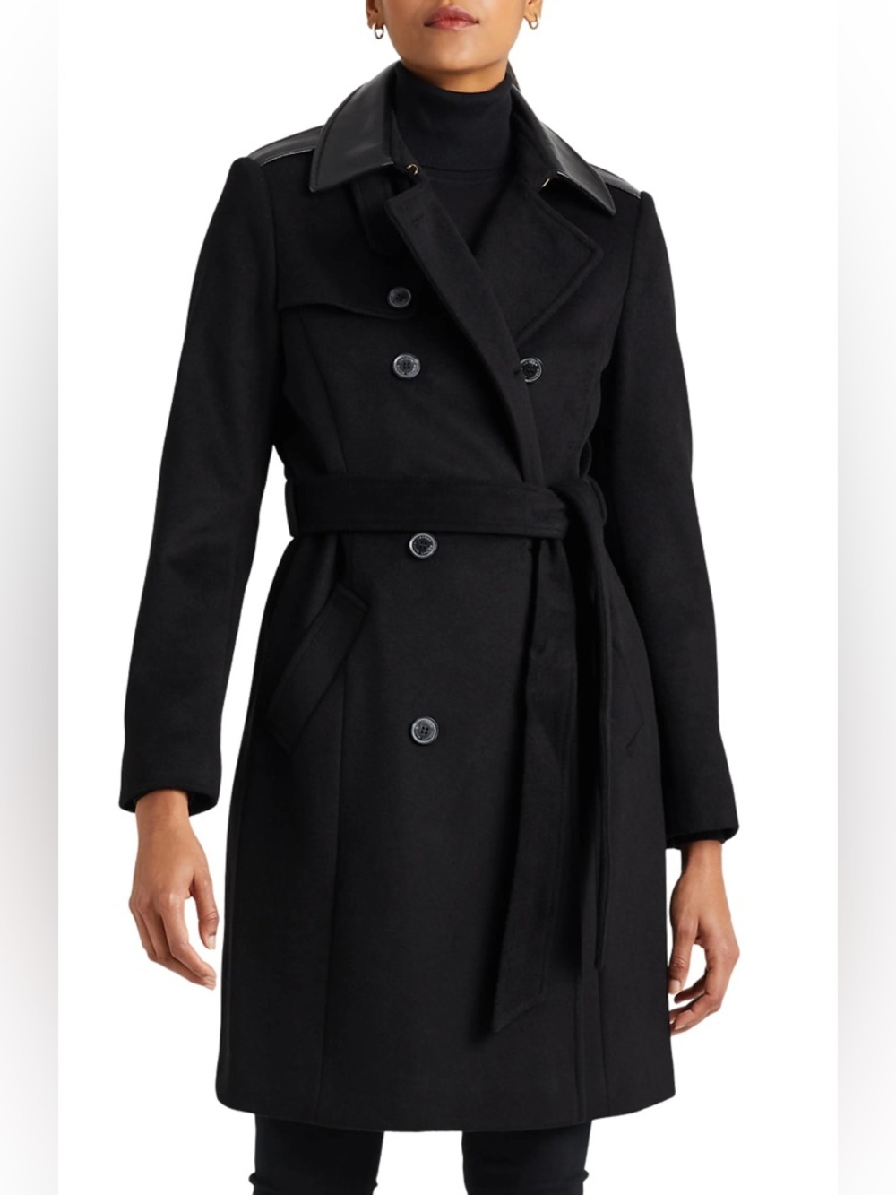 Lauren Ralph Lauren Tie Waist Faux Leather Trim Wool Blend Coat